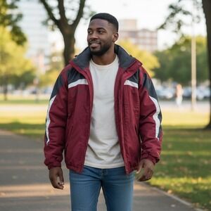 Columbia Jacket Mens L Red Nylon Lined Insulated Hooded Ski Snowboard Outerwear